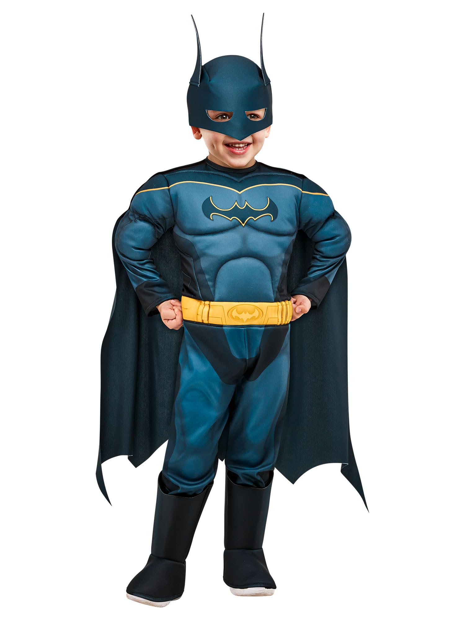 Rubies kostium Batman DCP dla dzieci w wieku 2-3 lat, kombinezon z muskularną klatką piersiową, paskiem z nadrukiem i ochraniaczami. Oficer Warner na karnawał, Boże Narodzenie, Halloween, imprezy i