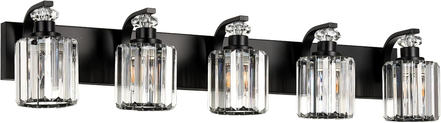 Black Bathroom Light Fixtures with K9 Crystal Lampshade Bathroom Lighting Over Mirror Vanity Lights for Living Room,Bedroom,Restroom,Hallway 5 Lights