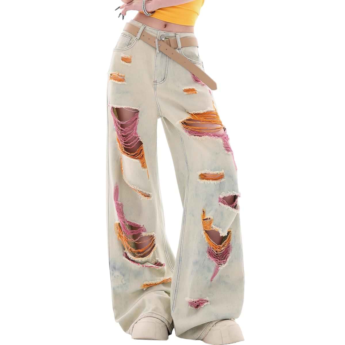 Women's Y2K Colorful Ripped Wide Leg Jeans, High Waisted Distressed Denim Baggy Jeans/Y2K/Streetwear/Concert/Festival/Party/Going Out/Harajuku/Vintage Washed/Grunge/Alternative Fashion/90s/Edgy Jeans