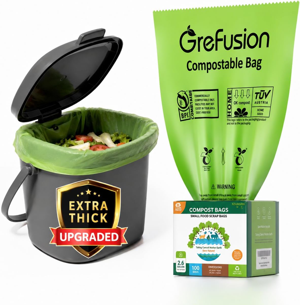 GreFusion 2.6 Gallon Compostable Trash Bags, 100 Count, Extra Thick 0.71 Mil, Certified by BPI and ASTM D6400, Perfect Fit for Small Trash Cans