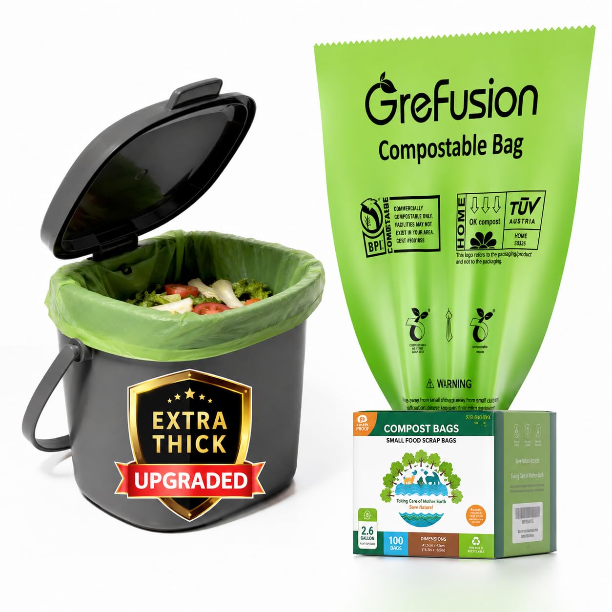 GreFusion 2.6 Gallon Compostable Trash Bags, 100 Count, Extra Thick 0.71 Mil, Certified by BPI and ASTM D6400, Perfect Fit for Small Trash Cans