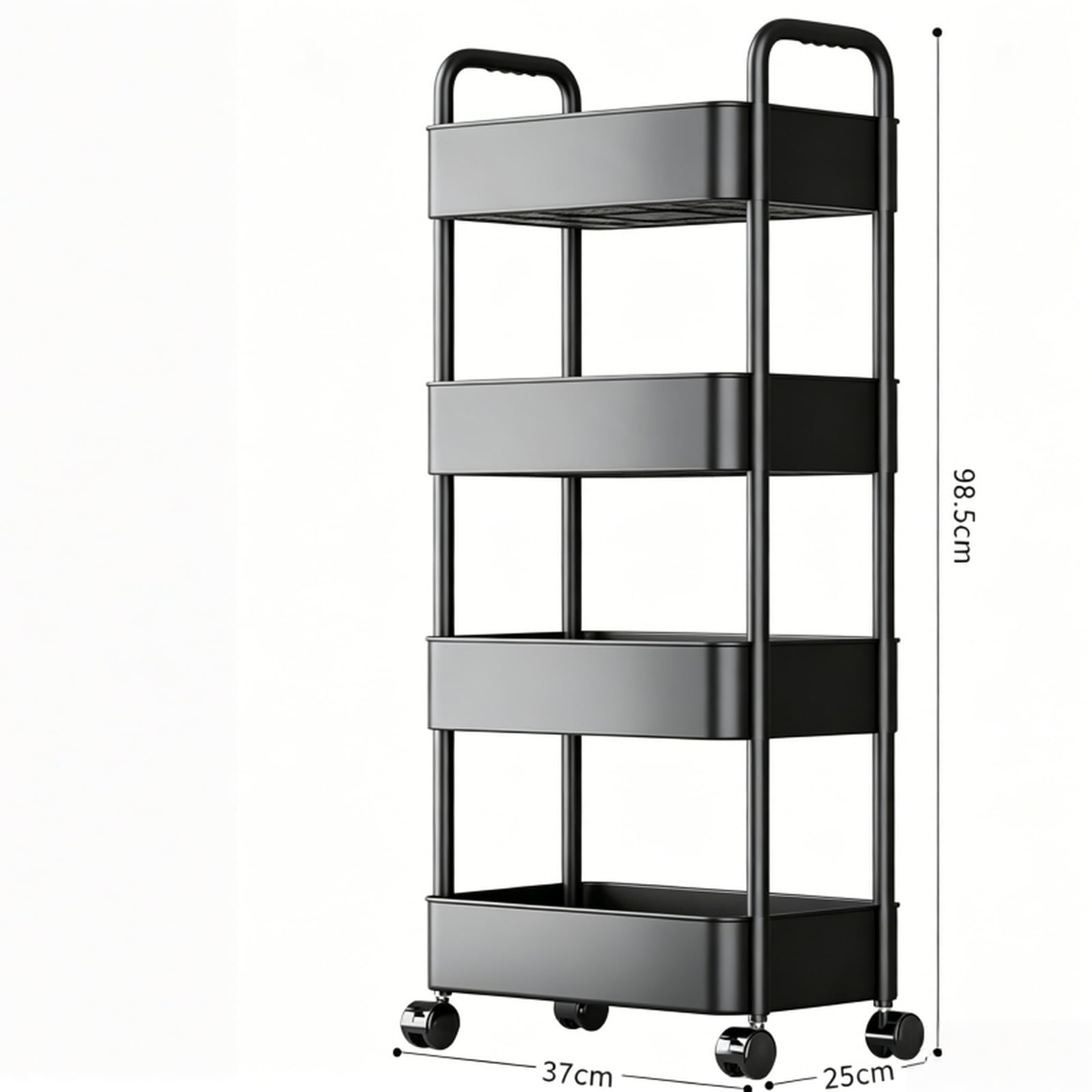 Genérico Carrito de Cocina rodante de 4 Niveles con cestas de Almacenamiento de plástico, estantes móviles para Alimentos y Verduras, Organizador con Ganchos Laterales y Espacio para Colgar Tazas.