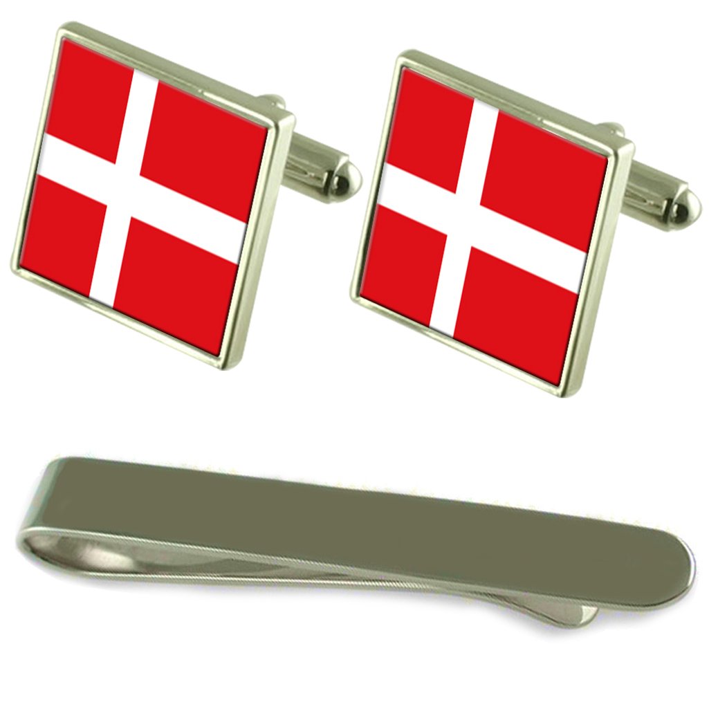 Dänemark Flagge Silber Manschettenknöpfe Krawatten Geschenkset mit Gravur