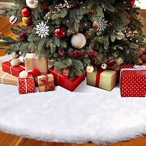 Hooqict Faux Fur Tree Skirt White Christmas Tree Skirt 48 Inches Luxury Snowy Soft Xmas Tree Skirts for Christmas Decorations Xmas Holiday New Year Party Supplies Cover