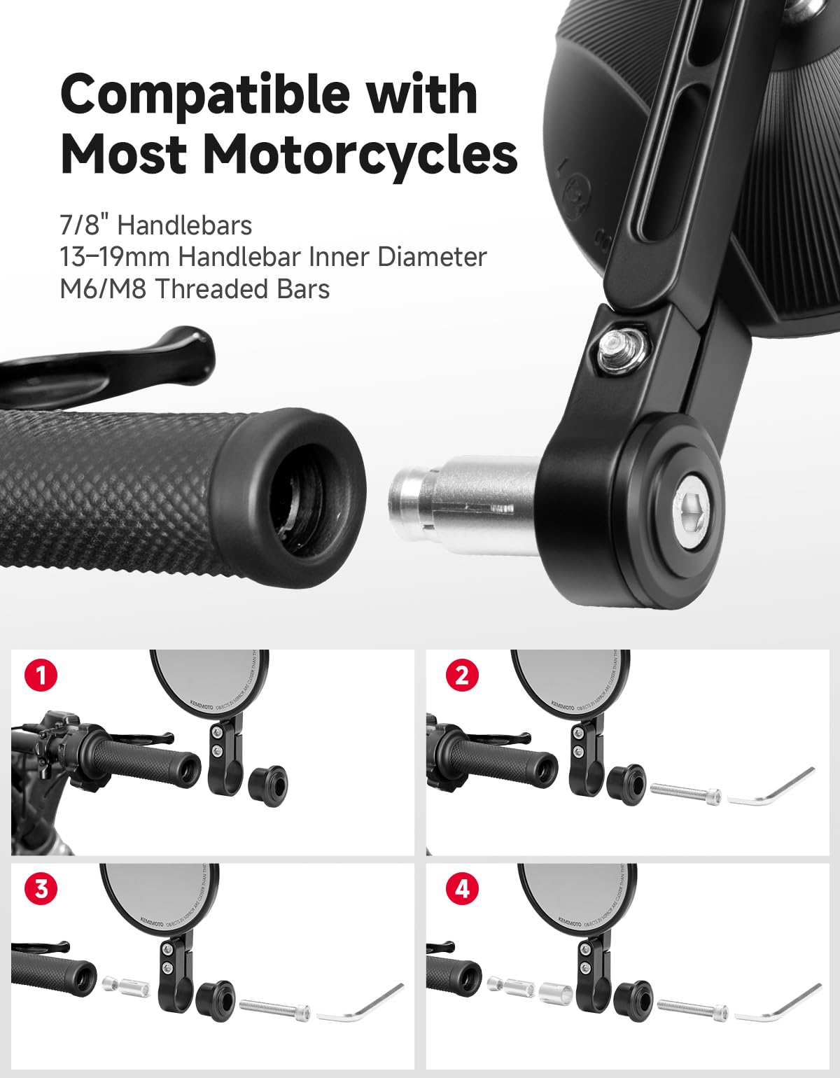KEMIMOTO Lenkerendenspiegel Motorrad, 2 Stück Motorrad Spiegel Rückspiegel E-geprüft, 360°drehbarer Lenkerspiegel, 7/8" 22mm Seitenspiegel Kompatibal mit Scooter Roller ATV