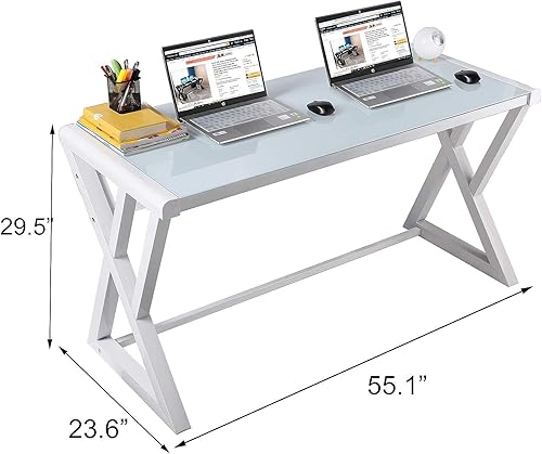 Miniatura 2 de BINGTOO Escritorio de computadora con parte superior de cristal, escritorio de oficina en casa, mesa de computadora moderna y simple para oficina,