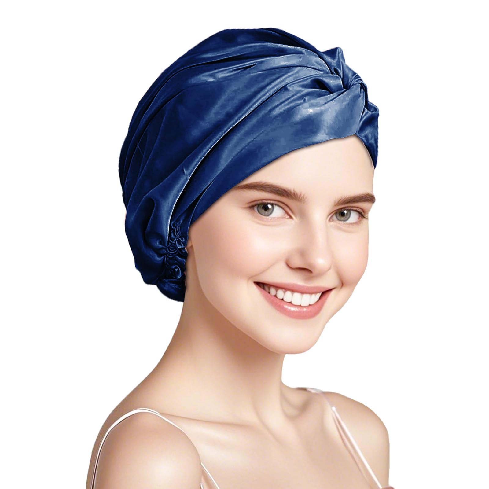 townssilk Schlafmütze Seide Frauen Nachtmütze,16 Momme,100% Maulbeerseide Seide Duschhaube Gut schützt das Haar,für die meisten Haare,luxuriöses Geschenk,Doppelschicht,1 Stück,Marineblau