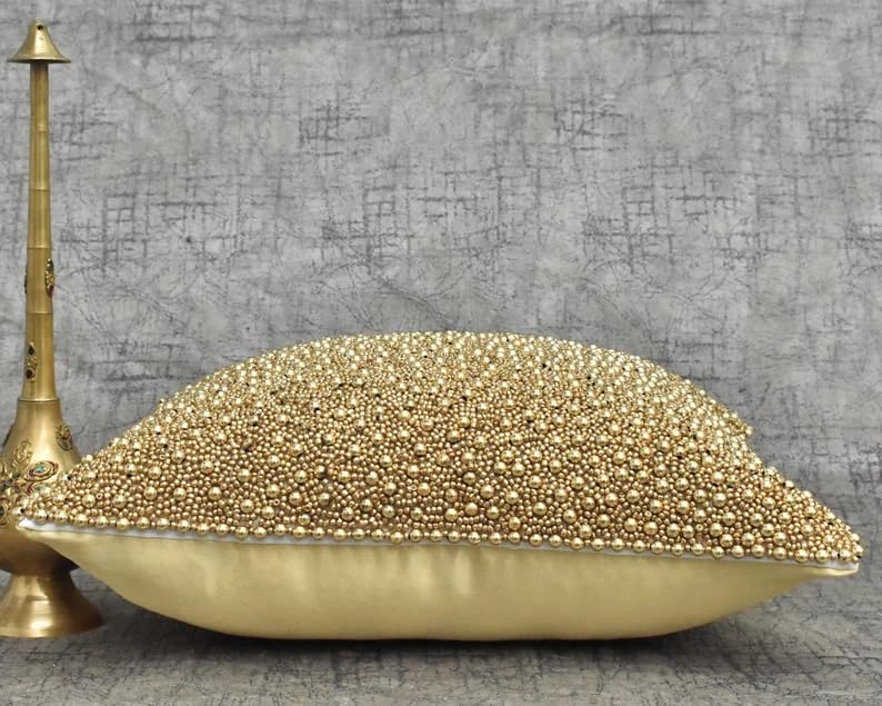 Miniatura 3 de ALL SIZES Gold Beaded Pillow Cover Pearl Handmade Luxury Contemporary Beaded Embroidered Embellished Custom Accent Cushion (14x14)