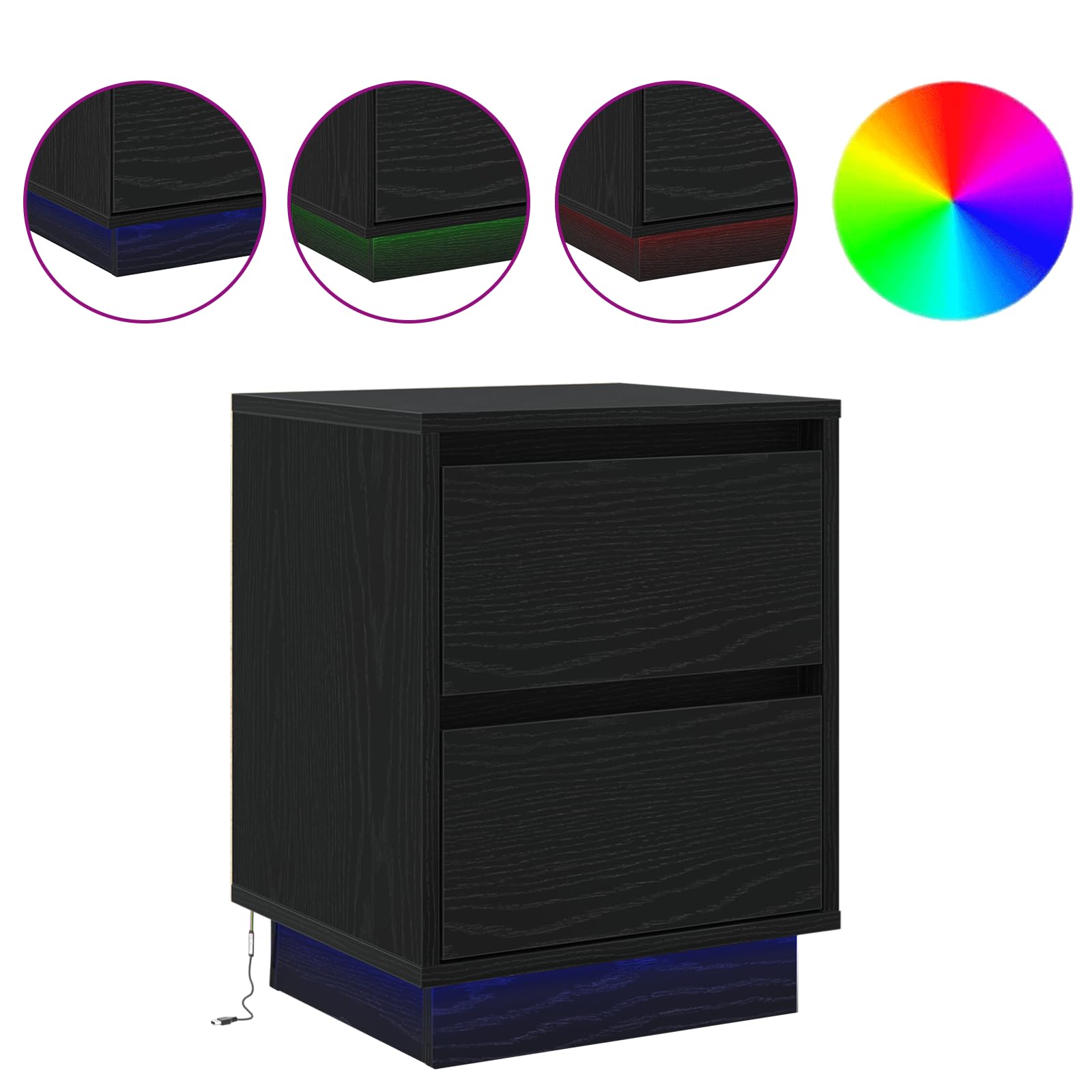 Schwarze Eichen-Nachttische mit LED-Beleuchtung und sanft schließenden Schubladen – Moderner Beistelltisch mit Stauraum für Schlafzimmer, 2 Schubladen pro Schrank,