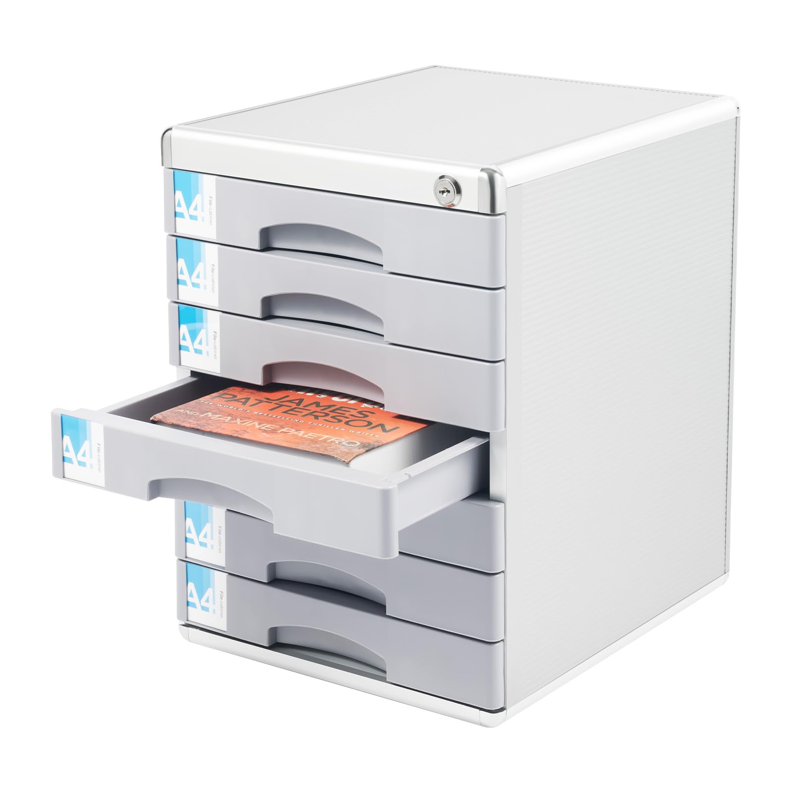 Cassettiera a 7 scomparti, robusta per ufficio, cassetti in metallo, organizer con barra per scrivere e serratura di sicurezza, impilabile per ufficio, home office