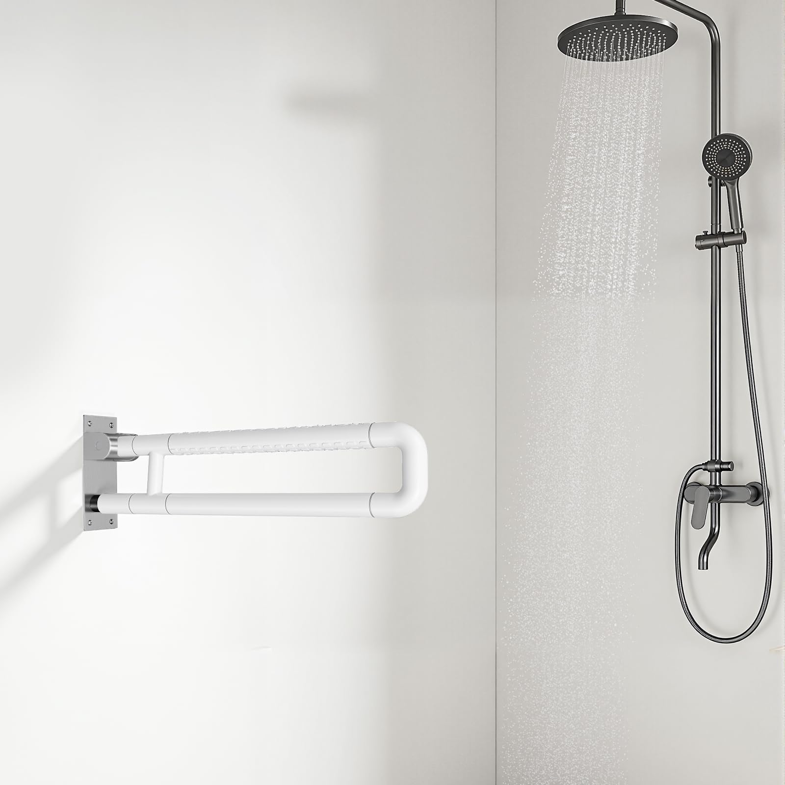 Asidero plegable para inodoro de 60 cm, para personas mayores y discapacitadas, de acero inoxidable, antideslizante, soporta hasta 220 kg, color blanco