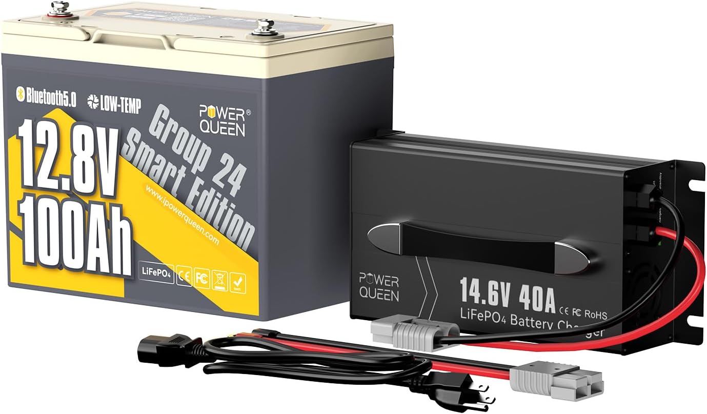 Power Queen Bluetooth 12V 100Ah LiFePO4 Battery with 14.6V20A LiFePO4 Battery Charger, Group 24 Deep Cycle Battery, 100A BMS with Low-Temp Cut-off Protection for RV, Trolling Motors, Solar System