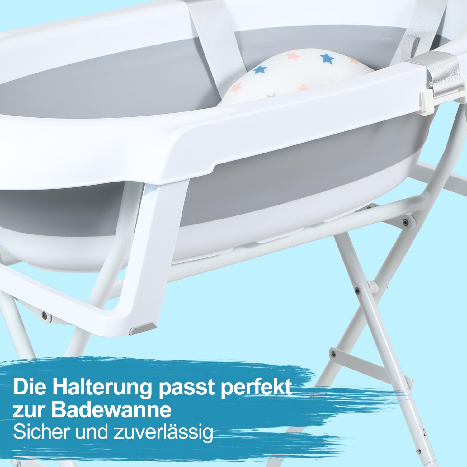 Faltbare Babybadewanne mit Gestell & temperaturreaktivem Ablassstopfen – Babywanne mit Badematte & Wasserablauf – Für Neugeborene bis 5 Jahre – Grau