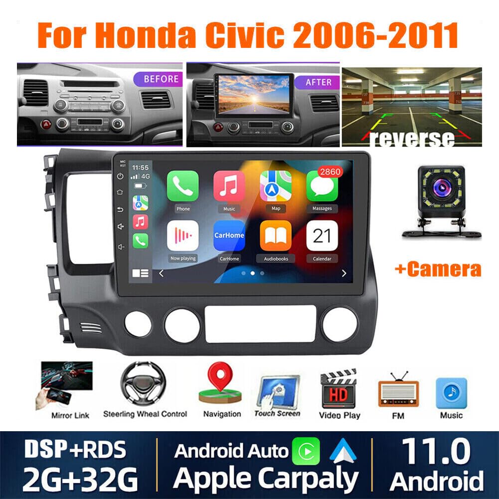 moseiny 2+32G Android 13 Car Radio for Honda Civic 2006-2011 Stereo, 9 inch Touch Screen Radio Honda Civic Head Unit Radio with Wireless Carplay Android Auto Car Play GPS Navigation AHD Backup Camera