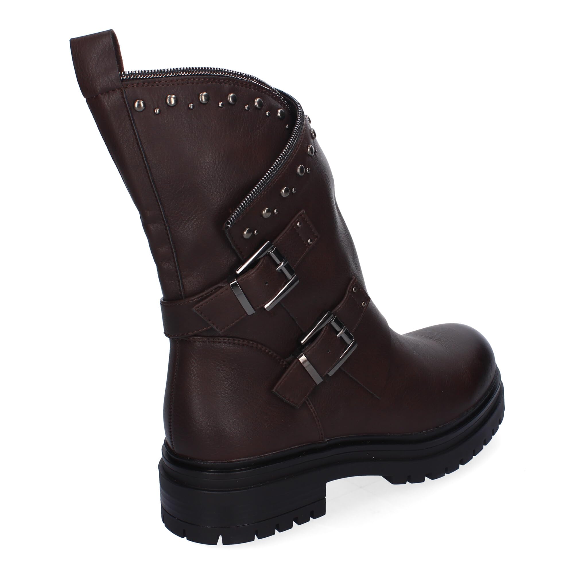 Botas de Mujer con Tachuelas, Estilo Motero, Suela Dentada, Diseno Moderno, Adorno de Cremallera en la Cana y Hebillas Decorativas, Cierre de Cremallera.