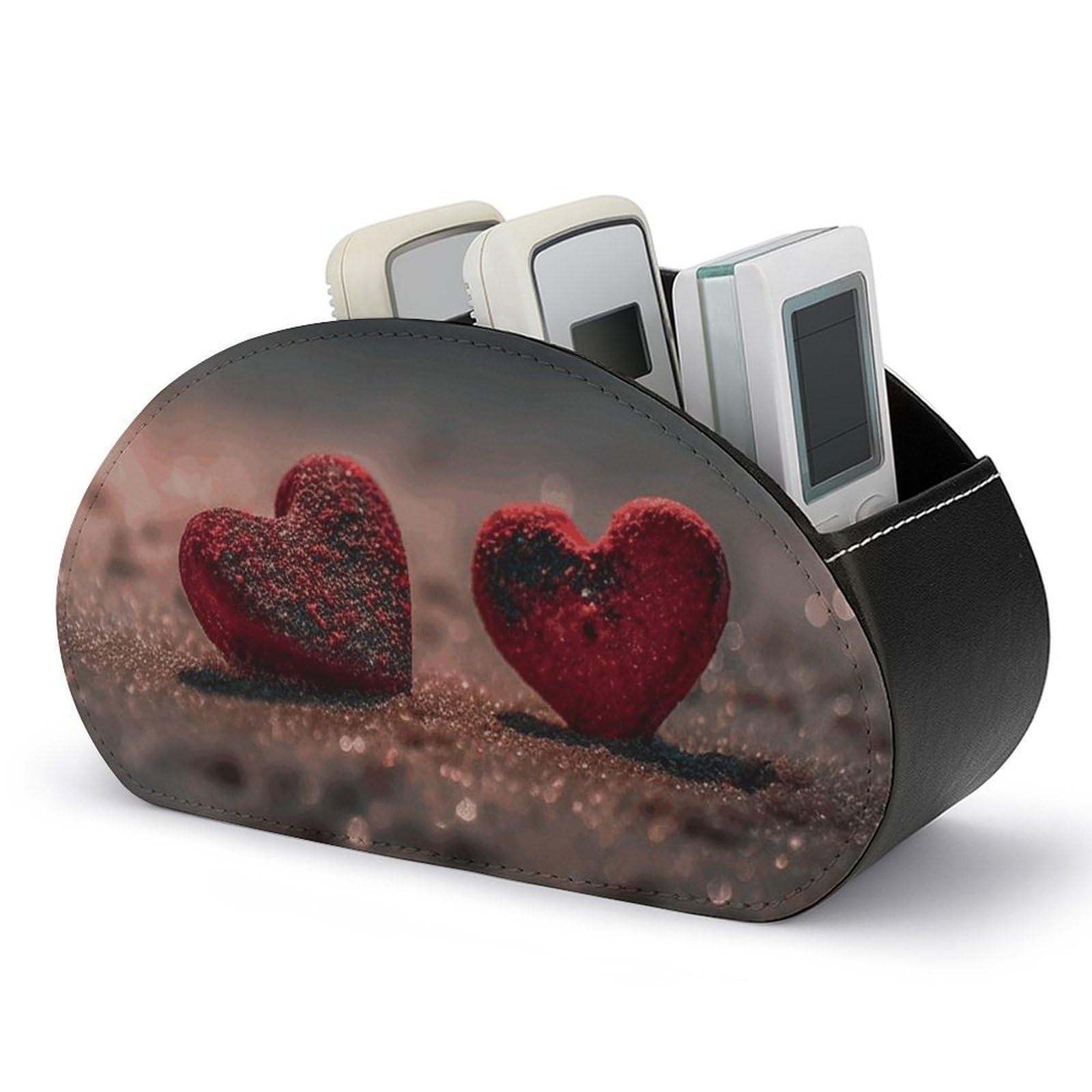 JTREHY - Two Heart Shape Remote Control Stand with 5 Compartments PU Leather Remote Control Desk Stand Multifunctional Nightstand Organizer