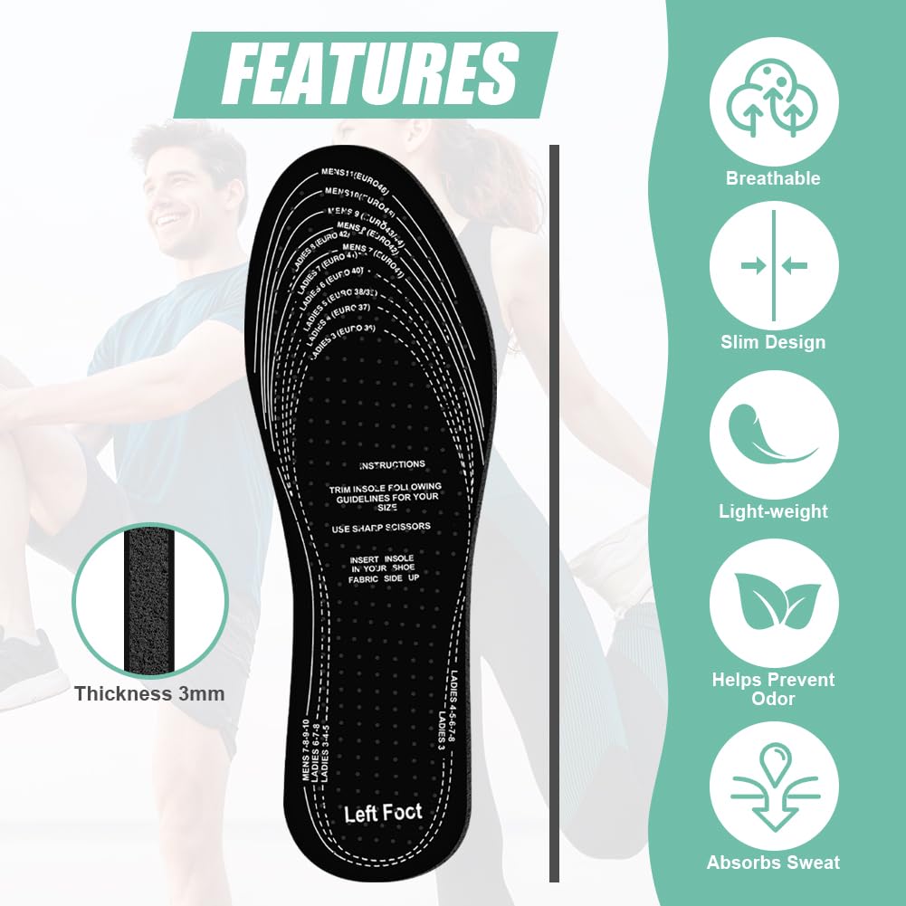 AMFUN 8 Paia Solette Anti Sudore, Inserti in Cotone Traspirante Mangia Odori, Tagliati su Misura, Solette Scarpe in Morbida Schiuma di Lattice con Carbone Attivo Mangia Odori