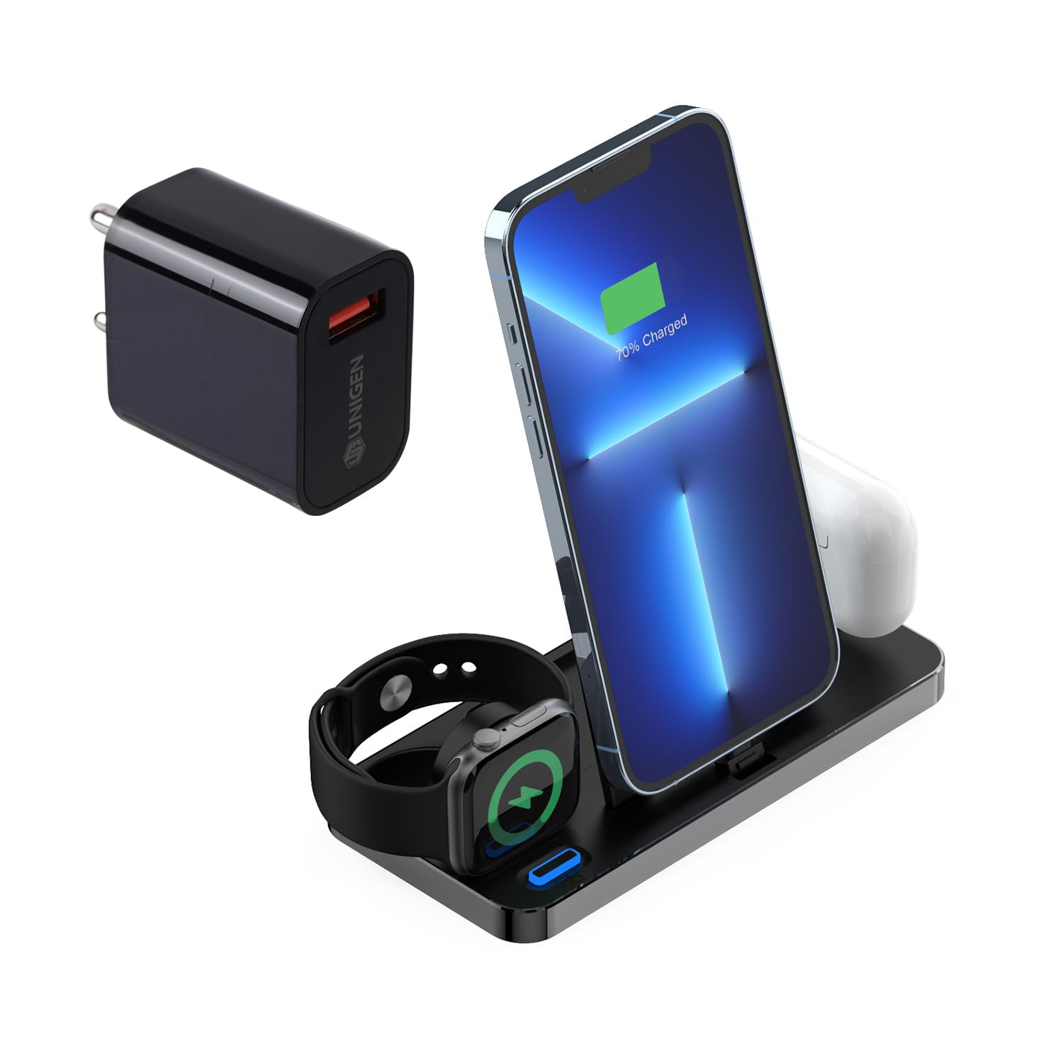 UNIGEN® Unidock 100 3in1 Foldable Charging Station [with Adapter]  Compatible with iPhone 14/13/12/11/11 Pro/11 Pro Max/X/Xr/Xs/8 Plus Other  Qi Devices