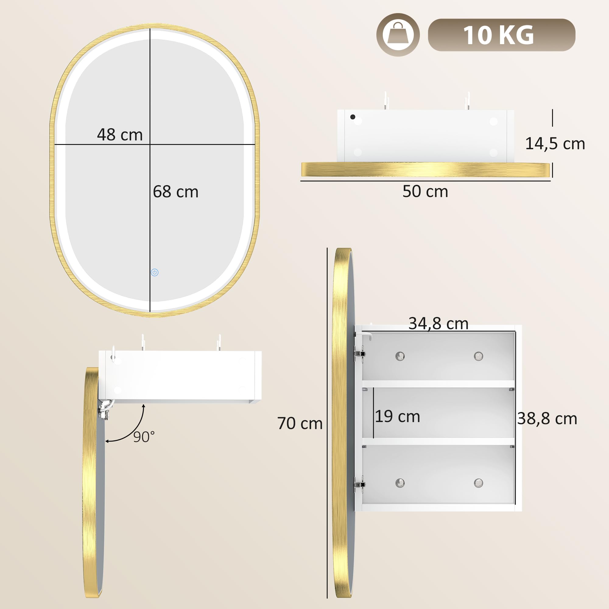 HOMCOM Armoire Murale Salle de Bain avec Miroir et Éclairage LED, 50x14,5x70cm, Meuble Salle de Bain à Porte Ovale Alliage d'Aluminium, Anti-Buée, 3 Températures de Lumière, Étagères Réglables, Doré