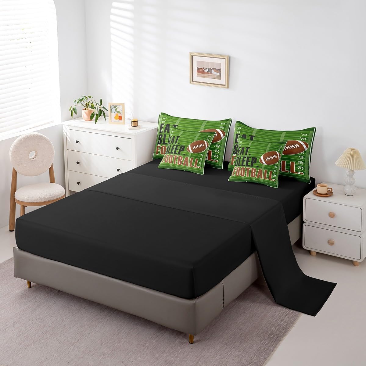 Feelyou Football Comforter Set with Sheets Queen Size Rugby Sports 7 Pieces Bedding Set for Kids Boys Girls Teens Stripes Green Brown Sports Ball Game Bed in a Bag Geometric Bed Set