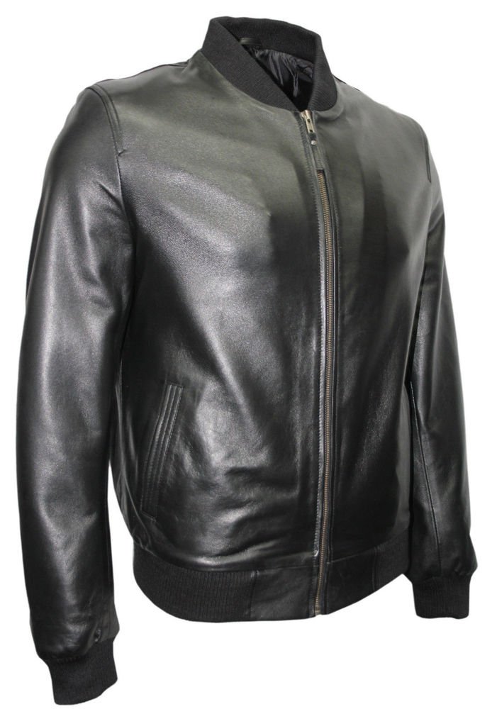Infinity Leather Herren Schwarz Nappa Leder-beiläufige Varsity Bomberjacke