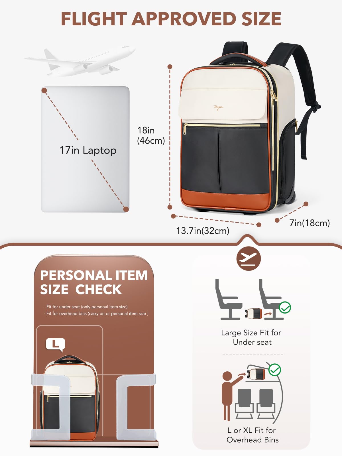 Mochila enrollable para mujer de 17 pulgadas, mochila con ruedas, bolsa de mano Underseat tamaño L, 46 x 32 x 18 cm, 2 en 1 con ruedas, maletín piloto 2 en 1, apertura de 180 grados