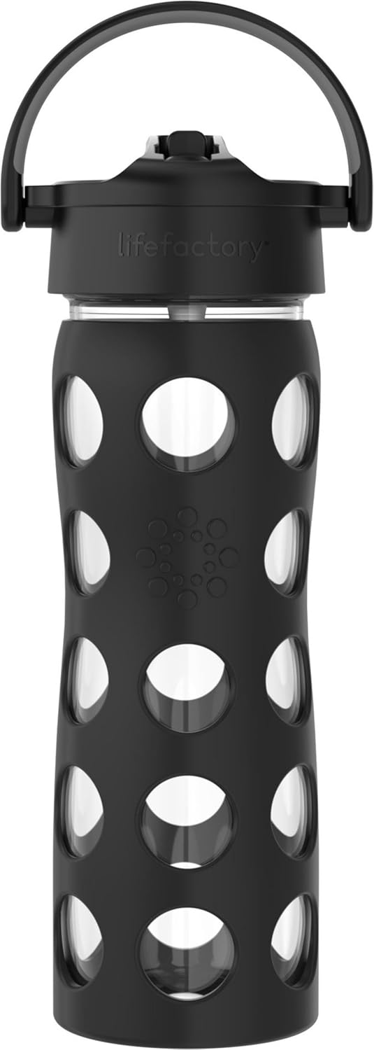 Lifefactory 16-Ounce Glass Water Bottle with Pivot Straw Cap and Protective Silicone Sleeve, Onyx