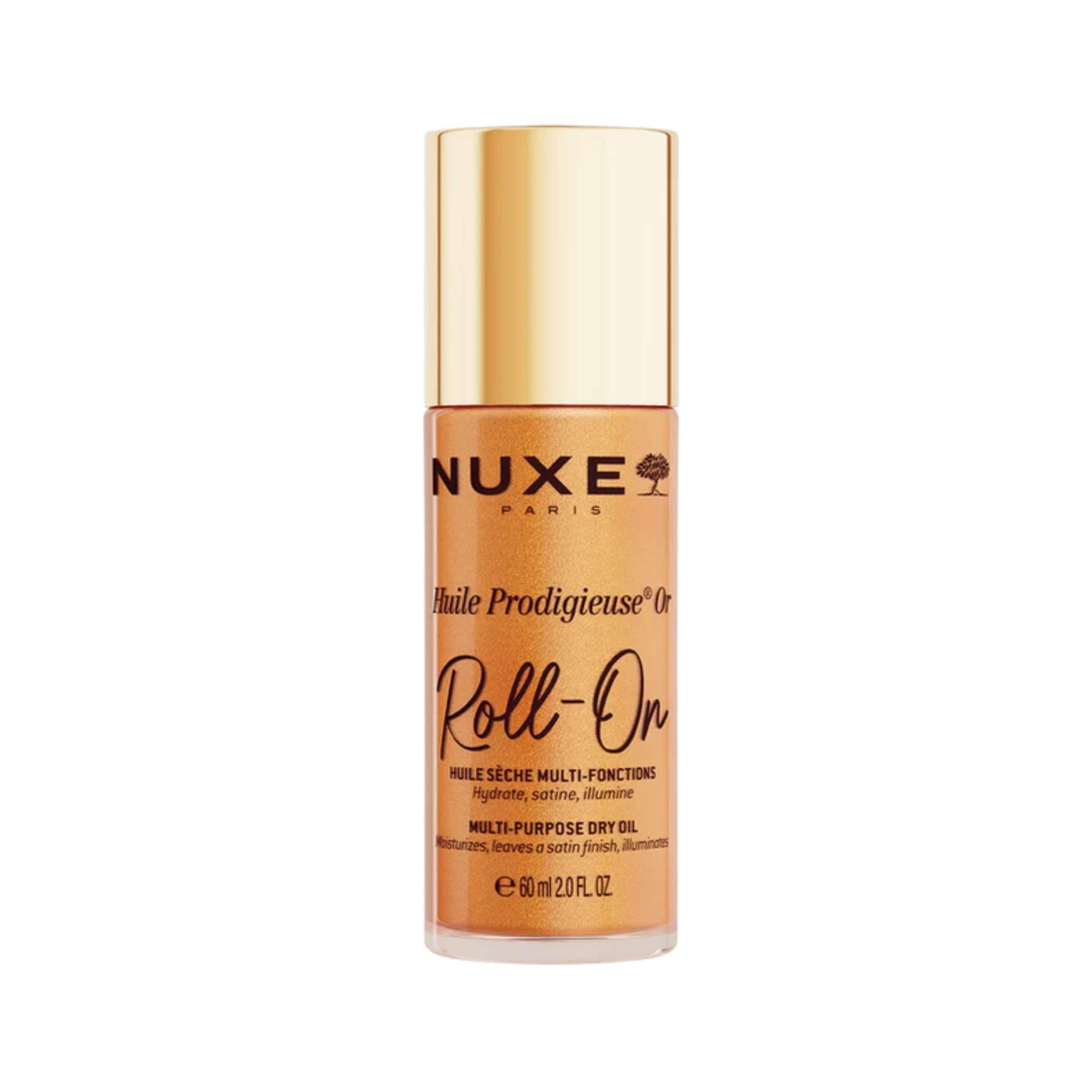 Nuxe Huile Prodigieuse Shimmer Roll-On Dry Oil 60ml, Glowing Gold Dry Oil for Face Body & Hair, Multi-Purpose Botanical Oil