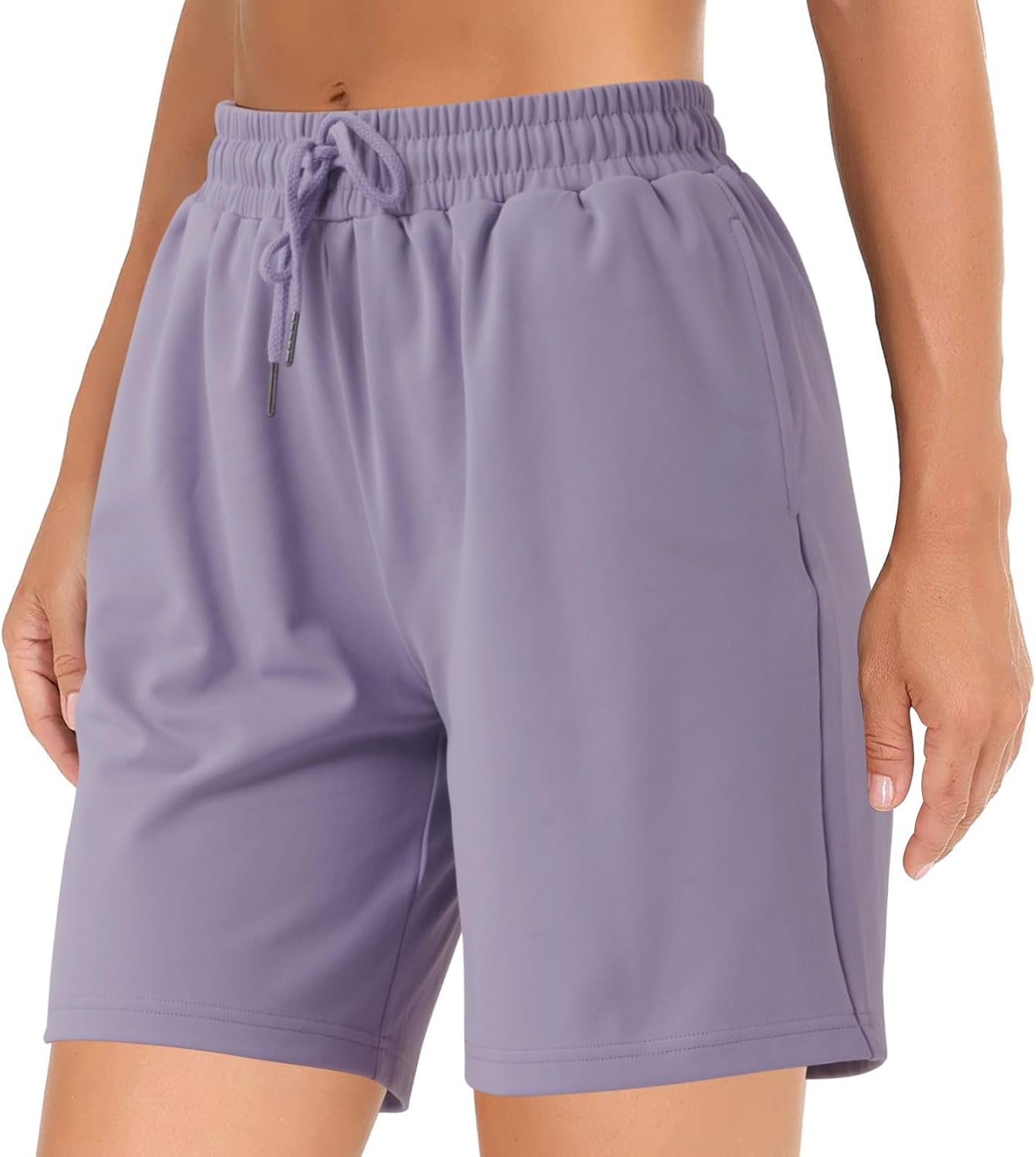 (Size XL) YOYOYOGA Bermuda Shorts for Women 7" Athletic Long Shorts with 3 Pockets High Waisted Knee Length Shorts Workout Running Lavender X-Large