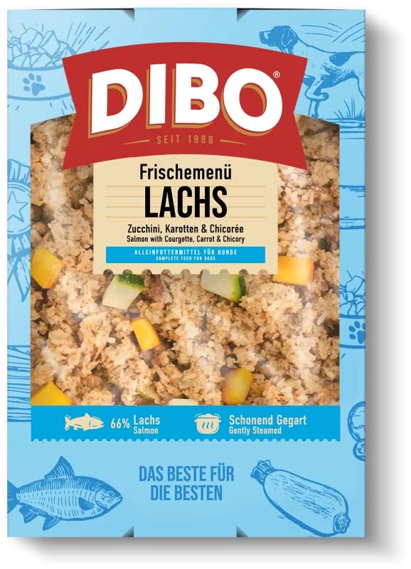 DIBO Frischemenü Lachs 18kg (45 x 400g) - Tiefgekühltes Komplettmenü mit Lachs, Reis & Gemüse – Omega‑3‑reiches Hundefutter - Sous‑Vide gegart