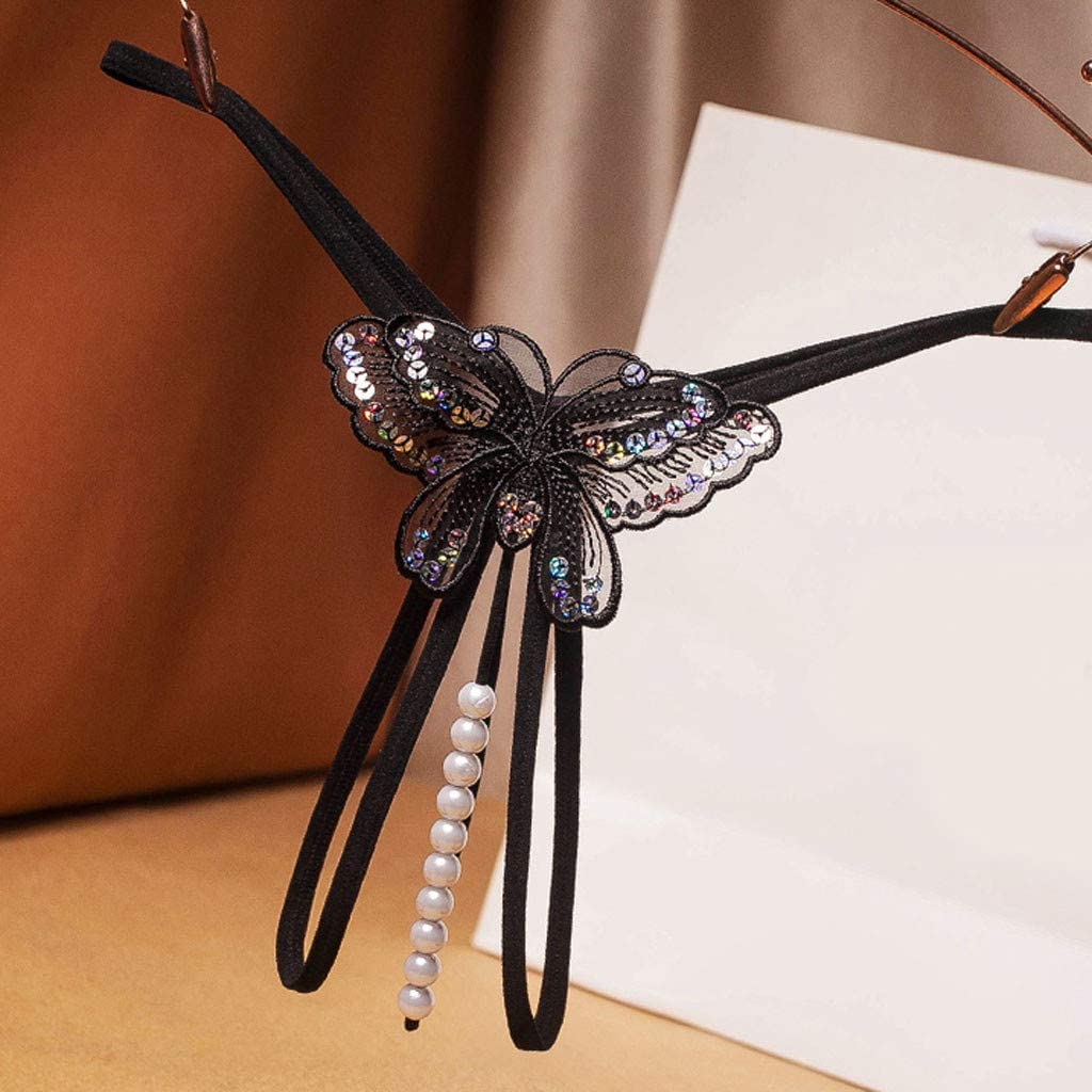 Sekexi Fashion Women Sexy Underwear Cutout Pendant Pearl Beads Embellished Lace Butterfly G-String Thong Underpants: One Size Black
