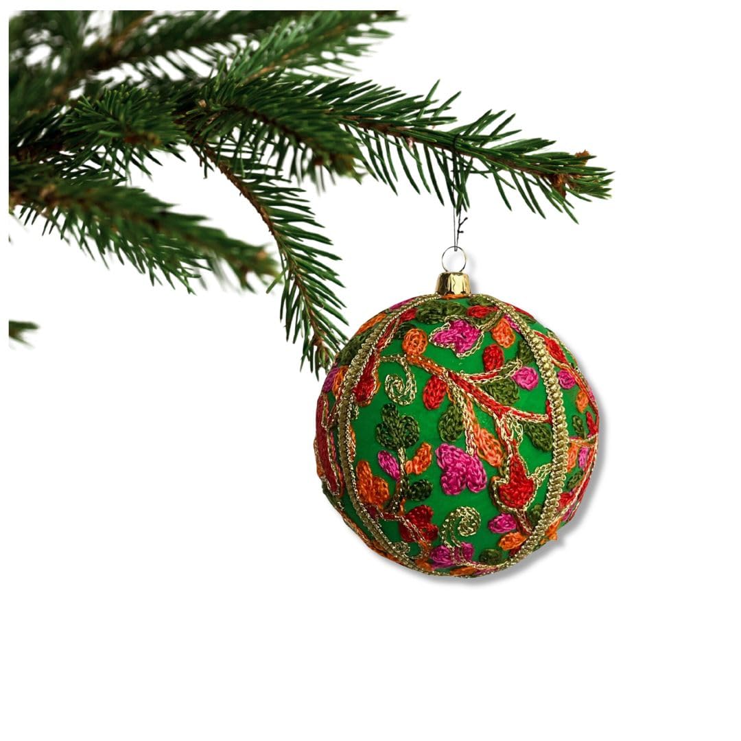 Marisha Mistry Emerald Green With Pink, Orange & Gold Embroidery Devaki Bauble – 10 Cm | Handmade Green Fabric Ornament With Vibrant Embroidery & Gold Trim | Luxury Sustainable Décor For Home Styling, Weddings & Events