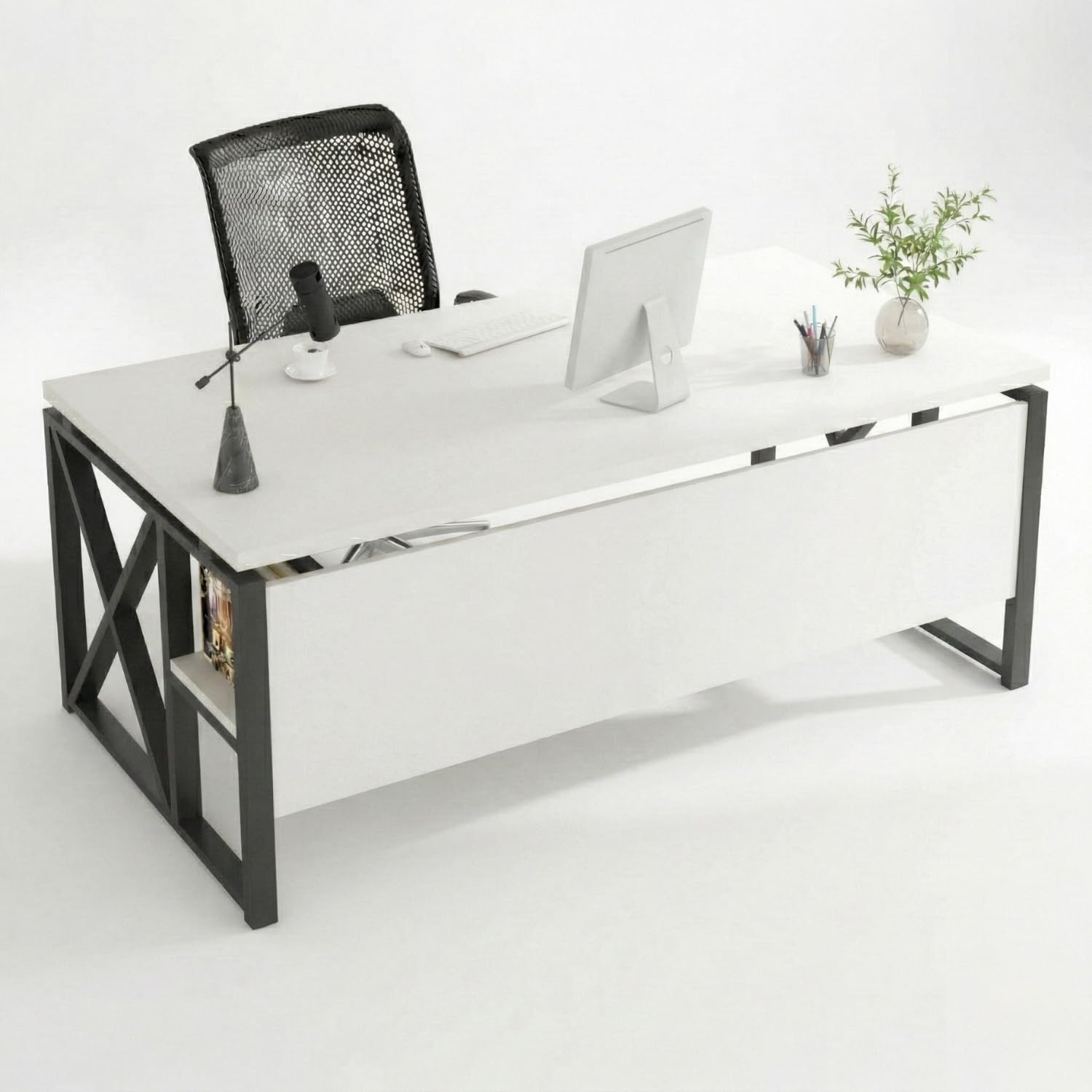 TEKAVO Burako Executive Table | Director Table for Office | Modern Workstation with Shelf Storage | Metal | DIY Assembly (White-01)-image-40