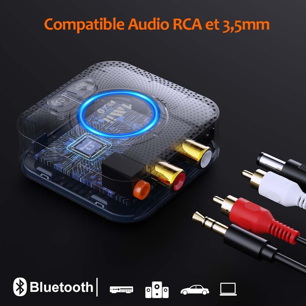 1Mii B06HD HiFi Récepteur Audio Bluetooth 5.3, Adaptateur Bluetooth pour Chaîne Stéréo Domestique, aptX HD Faible Latence, 3D Surround, 15hrs Playtime, RCA 3,5mm AUX Jack