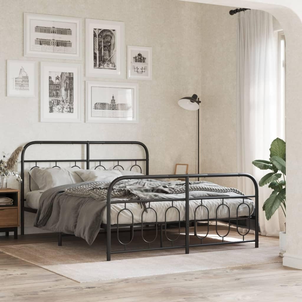 Full Bed Frame Black Steel Platform with Sturdy Slatted Foundation, Durable Heavy-Duty Rectangular Frame for Bedroom, Modern Minimalist Style