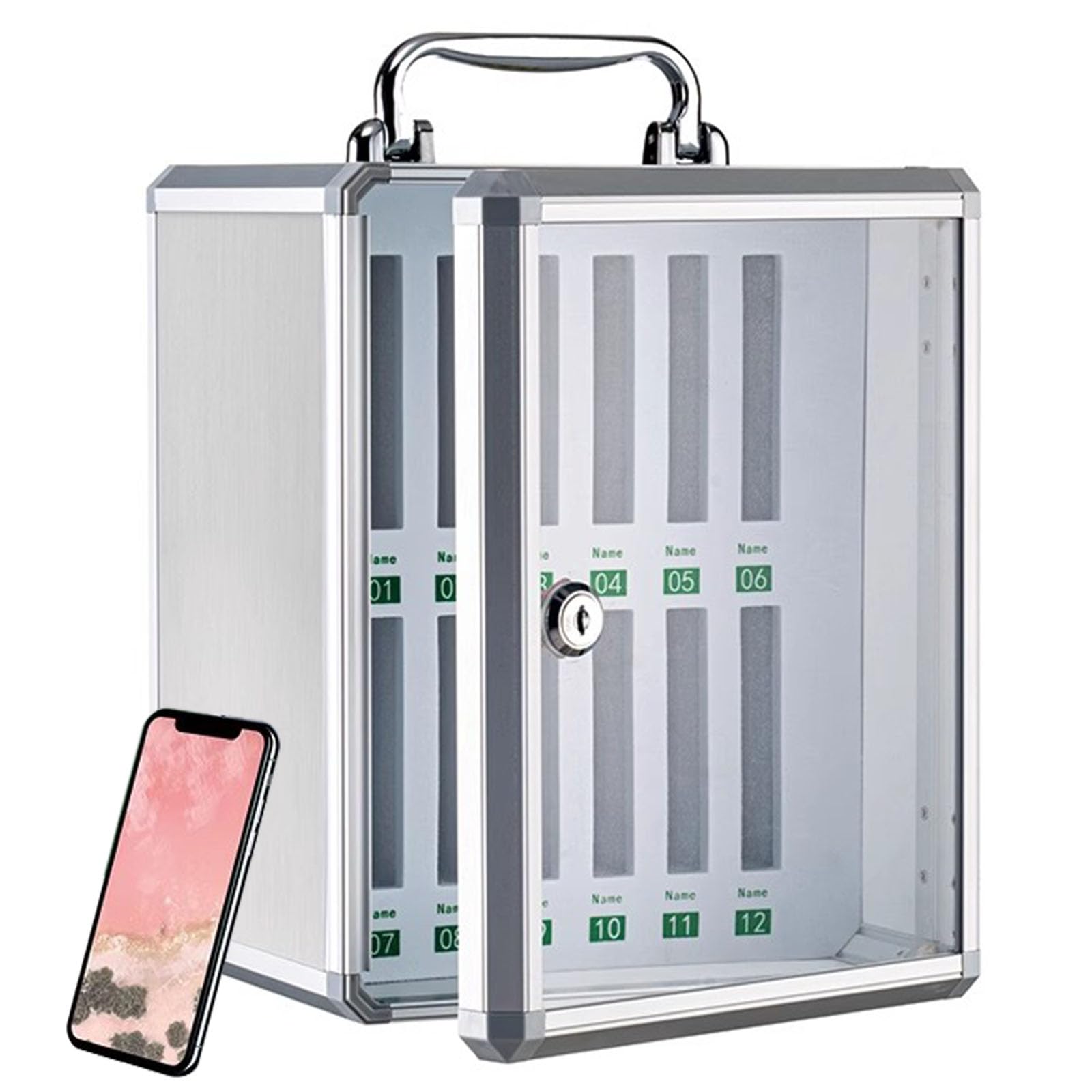 Handy Spind 12/24/36/48/60 Slots Handy Aufbewahrungsschrank mit Tragegriff, Schloss, Aluminium Wandmontage oder Desktop Management Box Geeignet für Schule, Büros (Silberfarben, 12 Schlitz)