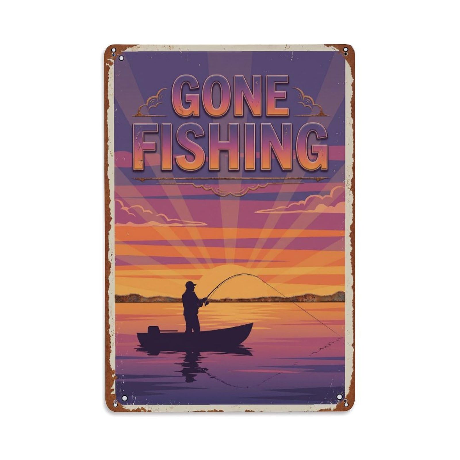 Gone Fishing Sunset Colors Vintage Metal Tin Sign Plaque Wall Decor for Cafe, Club, Garden Metal Poster 8x12Inch