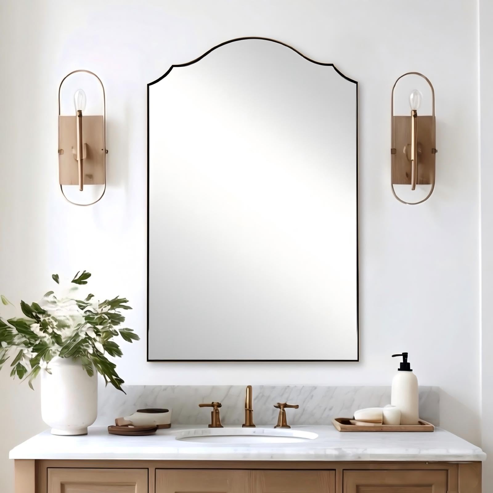 Photo 1 of ANDY STAR Scalloped Arched Mirror, 24x36 Inch Brushed Gold Mantle Mirror with Stainless Steel Metal Frame, Modern Wall Mirrors for Bathroom, Bedroom, Fireplace, Living Room, Entryway Hangs Vertically