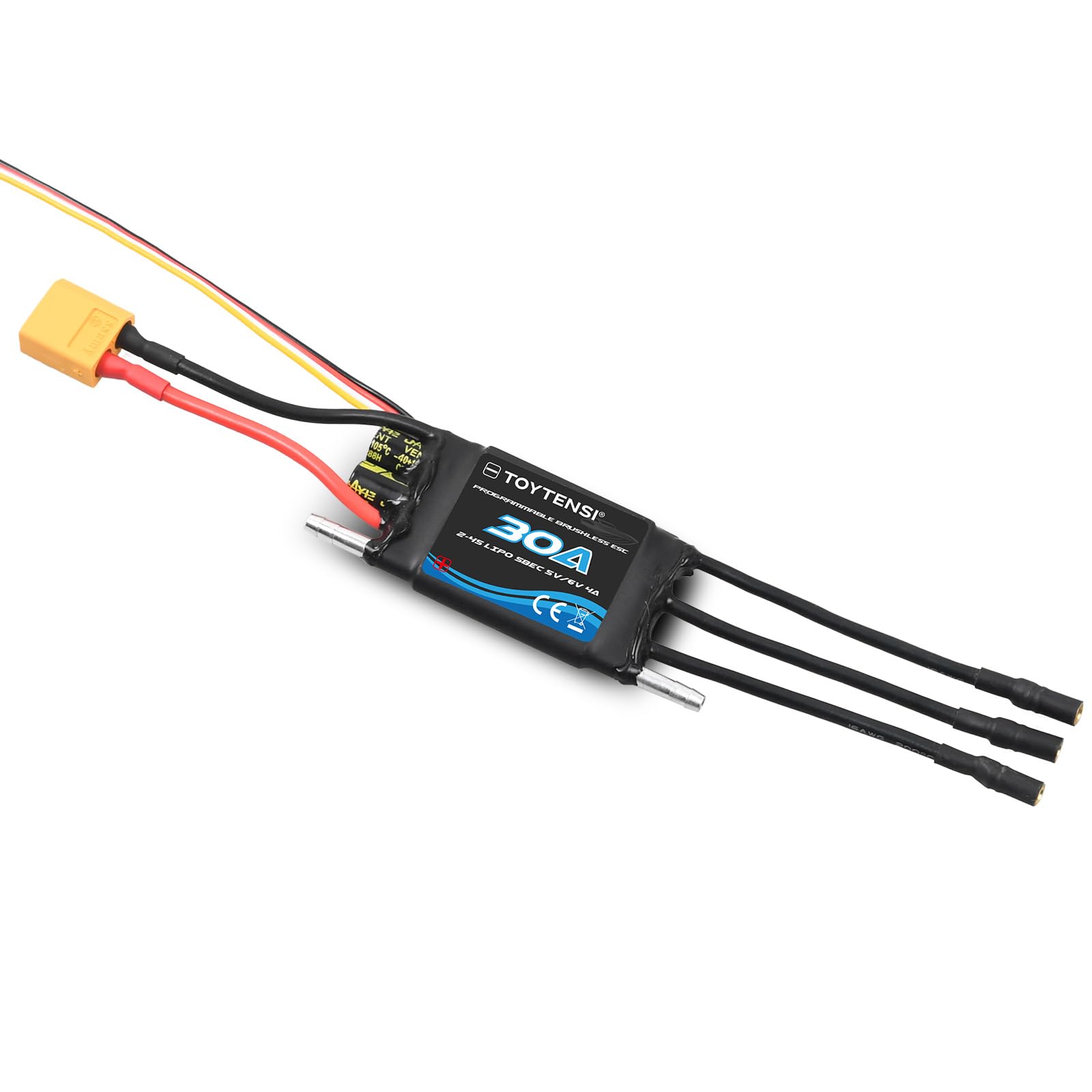 TOYTENSI 30A 2–4S Water-Cooled Brushless Marine ESC for RC Boat, Boat ESC with XT60 & 3.5mm Bullet Connectors
