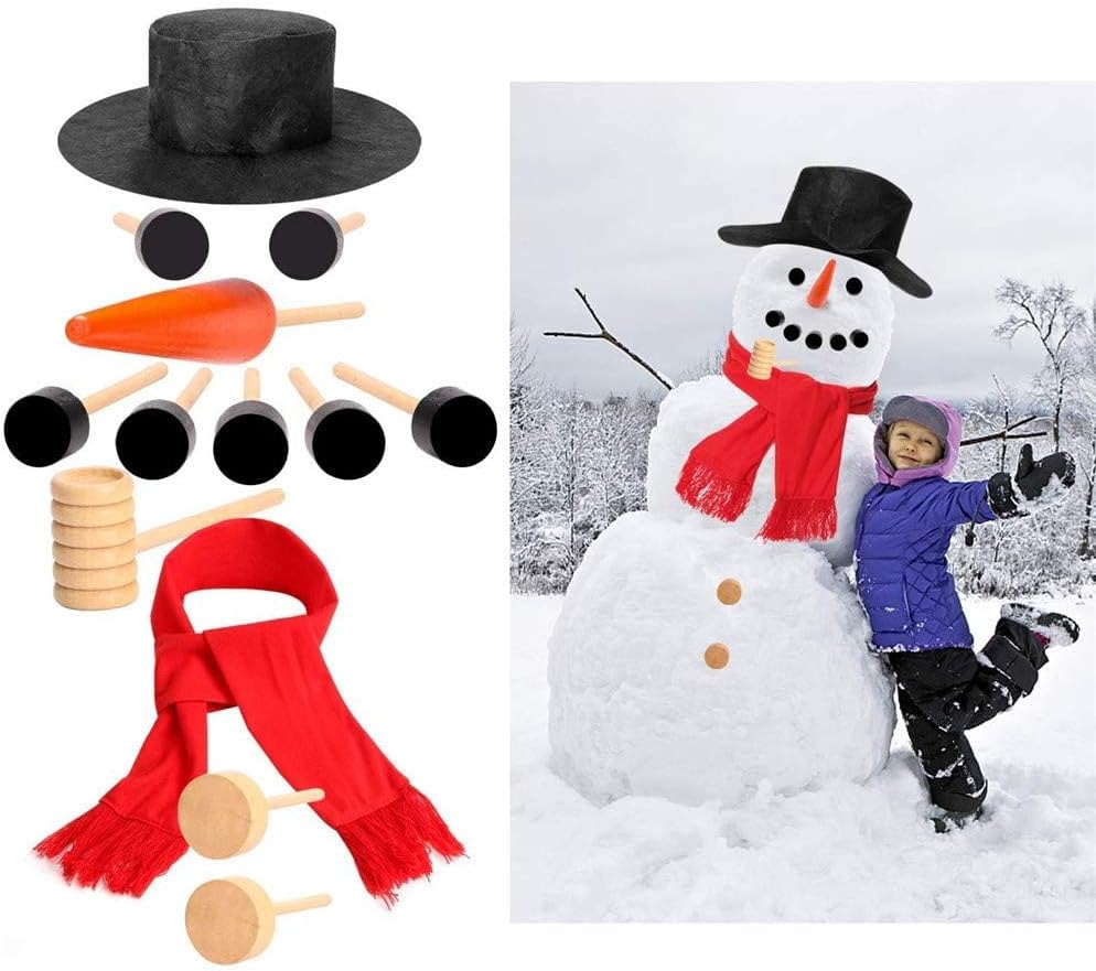 Snowman Decorating Kit, for Winter Christmas Decorations, Came with Outdoor Snowman Decoration, a top hat, Eyes and Mouth, Carrot Nose, Button, Pipe and Scarf(13pcs) (Bla image 4