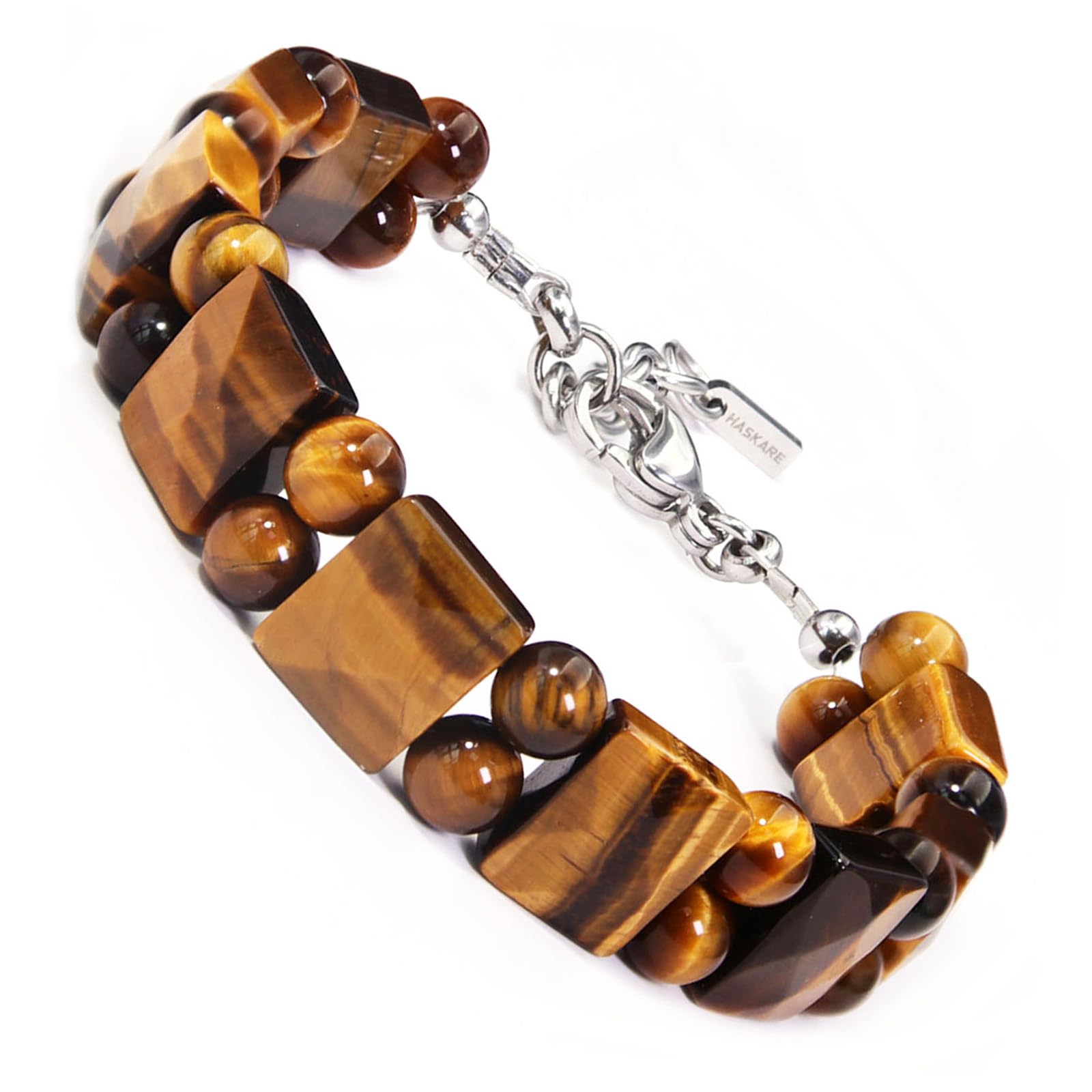 HASKARE Protection Crystals Mens Tiger Eye Bracelet, Natural Stone Men Beads Bracelet with Durable Steel Wire Clasp Gift for Father
