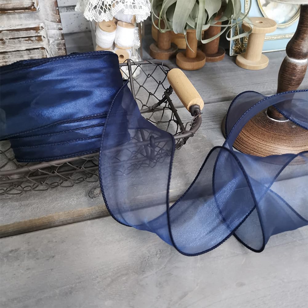 CABODYALS 35M 55mm Dark Blue Sheer Ribbon Wide Navy Organza Transparent Roll Clear Chiffon Tulle Wrapping Shimmer Wave Ribbons for Gift Making Flower Christmas Wedding Bouquets Invitations Decoration - Image 4