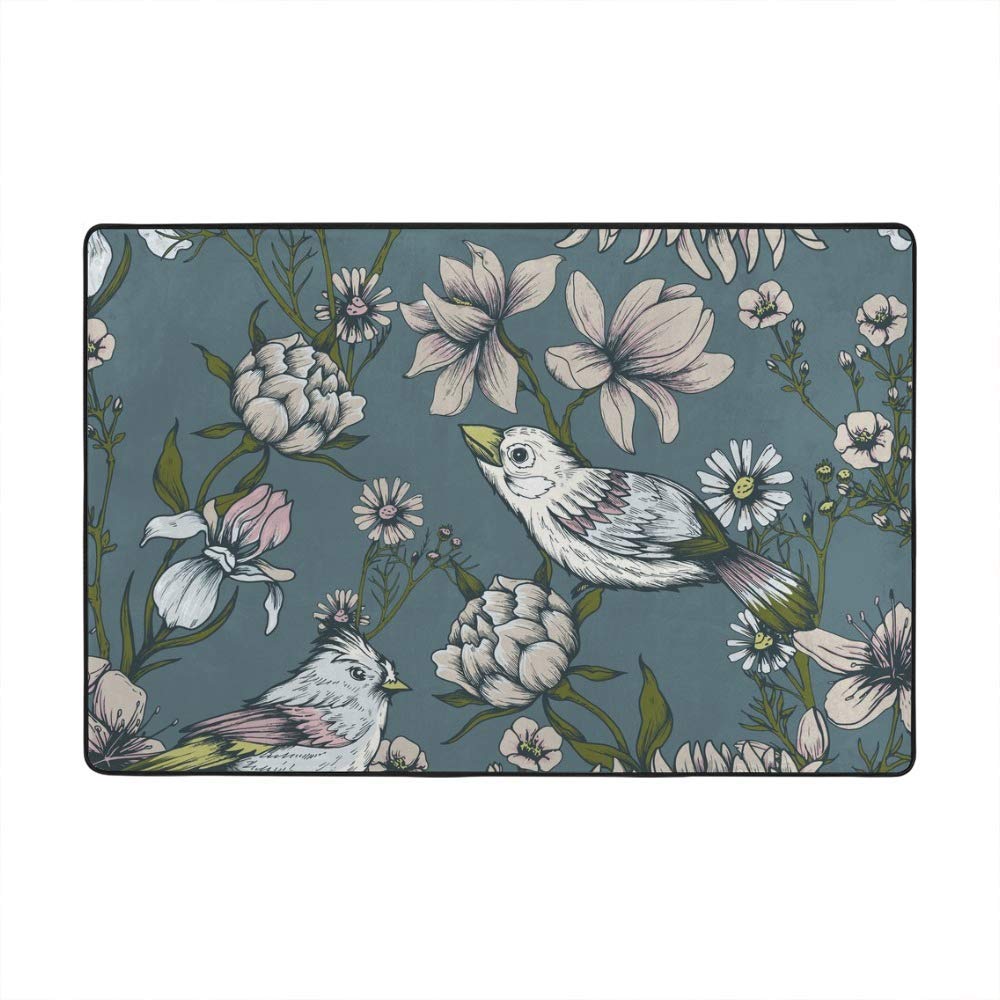 Tapis de salon bleu d'inspiration vintage fleurs oiseaux grand format 183x122