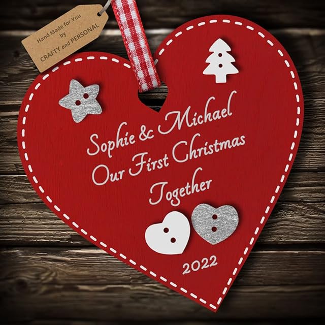 Multi-Colour Personalised Our First Christmas Together Bauble tree decoration wooden heart hanging ornament keepsake for couple (Deep Red #2)