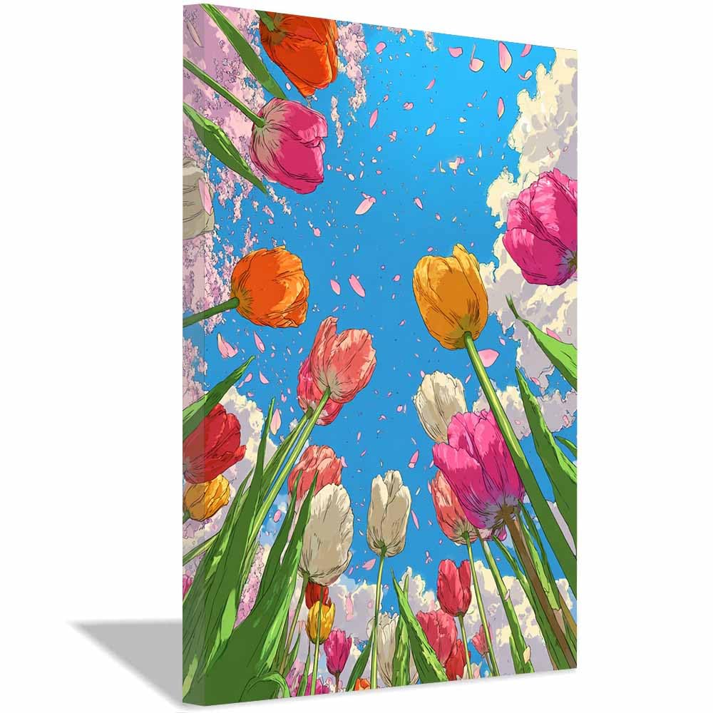 Xeniou Multicolor Flowers Canvas Tulip Sky Wall Decor Canvas Wall Art, For Living Room Bedroom Home Wall Decoration(Multicolor)-70X100cm Framed
