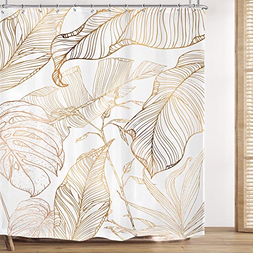Omifly White Gold Tropical Leaves Shower Curtain 72Wx72H Inch Banana Leaf Palm Tree Bathroom Set Abstract Copper Botanical Nature With 12 Plastic Hooks Fabric Waterproof Toilet Accessories Decor #TOP13