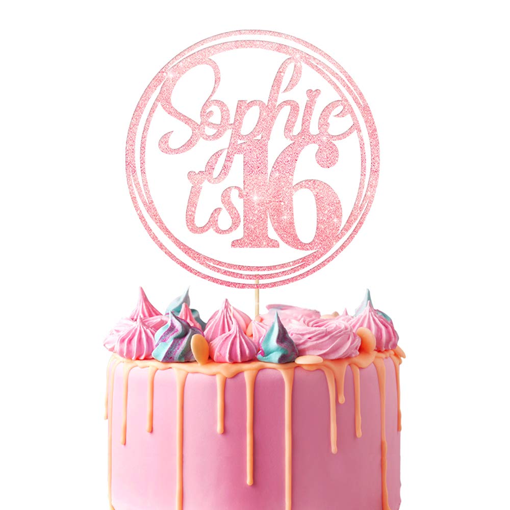 Personalised Birthday Cake Topper | Customized with Any Name Any Age 16 18 21 40 60 Party Cake Decoration | Double Sided Glitter Card | Baby Pink