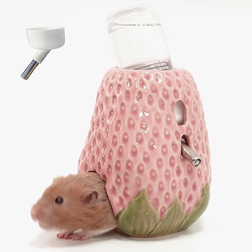 Hamster Water Bottle, Strawberry Ceramic Hamster Water Bottle for Glass Tank, 80ML Water Bottle Holder with 2 No Drip Caps for Syrian Mice, Gerbil - Pink