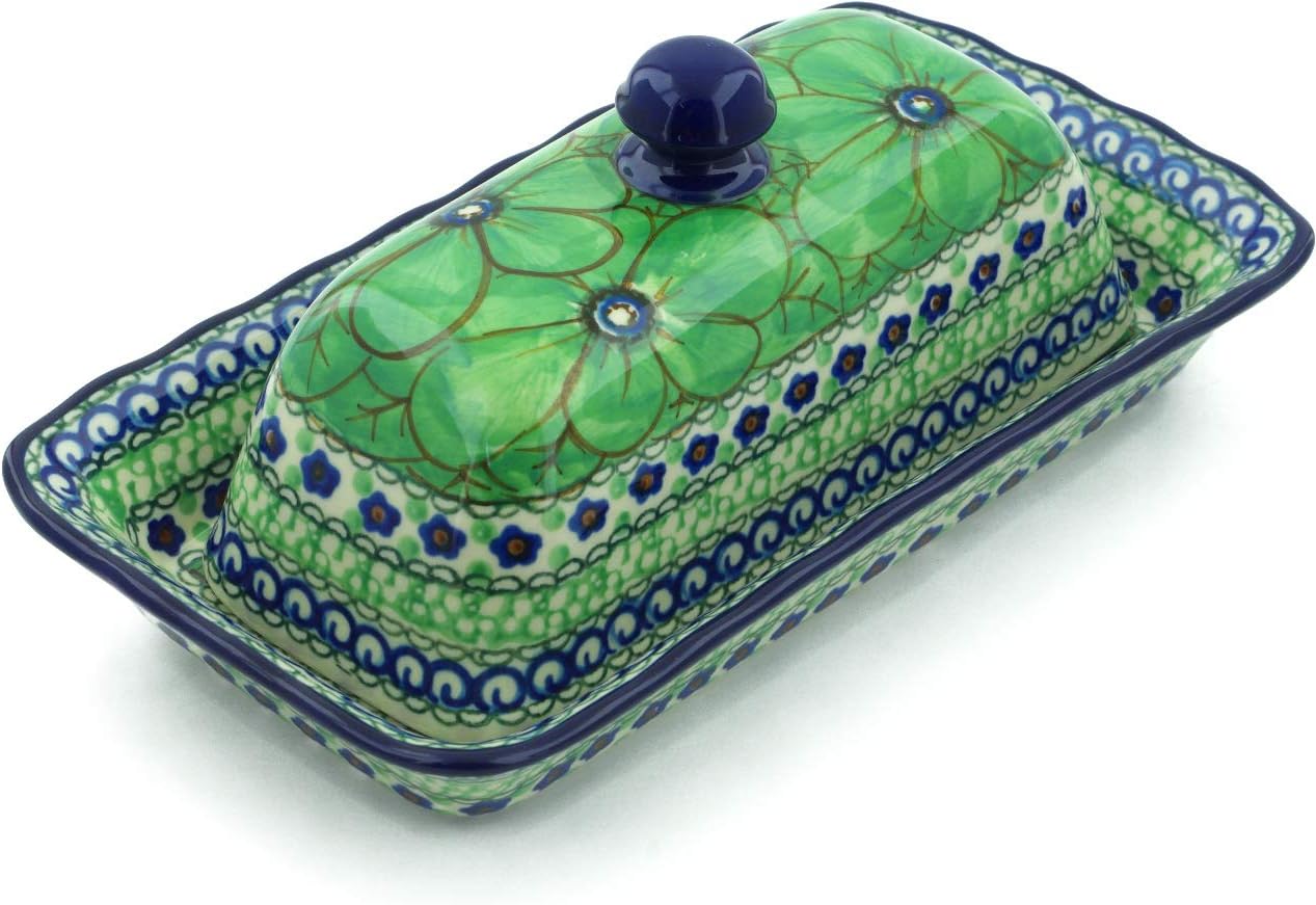 Polmedia Polish Pottery Butter Dish UNIKAT - Green Pansies Pattern Handmade in Boleslawiec Poland by Ceramika Artystyczna + Certificate of Authenticity