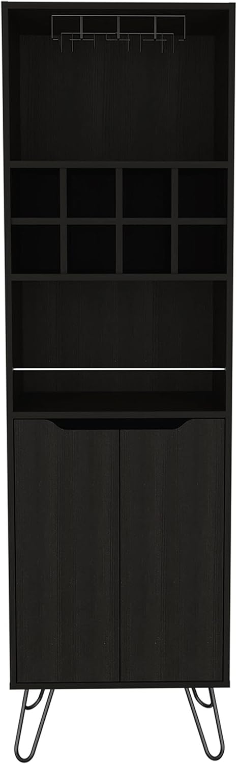 Pemberly Row Double Door Bar Cabinet, Black Finish, Engineered Wood, 70.7" H x 20.8" W x 15.7" D, 8-Bottle Wine Rack, Glass Shelf, 4 Shelves, Modern Style for Home Bar and Entertaining Spaces